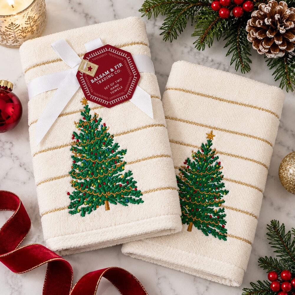 Balsam & Fir Christmas Tree Hand Towels Set of 2 New Holiday Decor